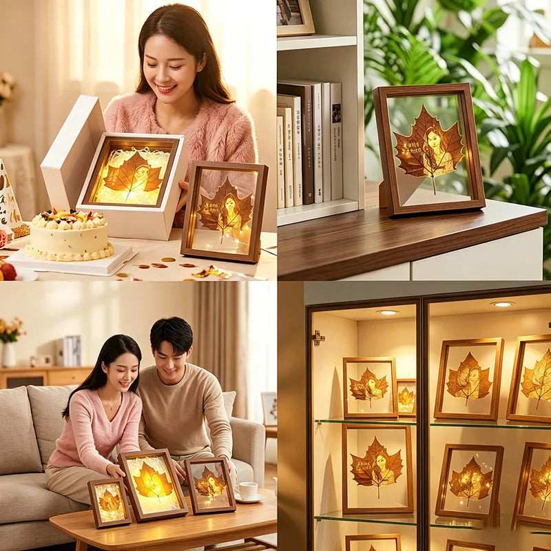 Custom Engraved Leaf Portrait — Real Leaf Carving in Illuminated Frame