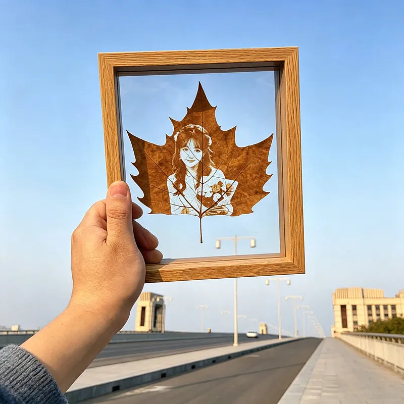 Custom Engraved Leaf Portrait — Real Leaf Carving in Illuminated Frame